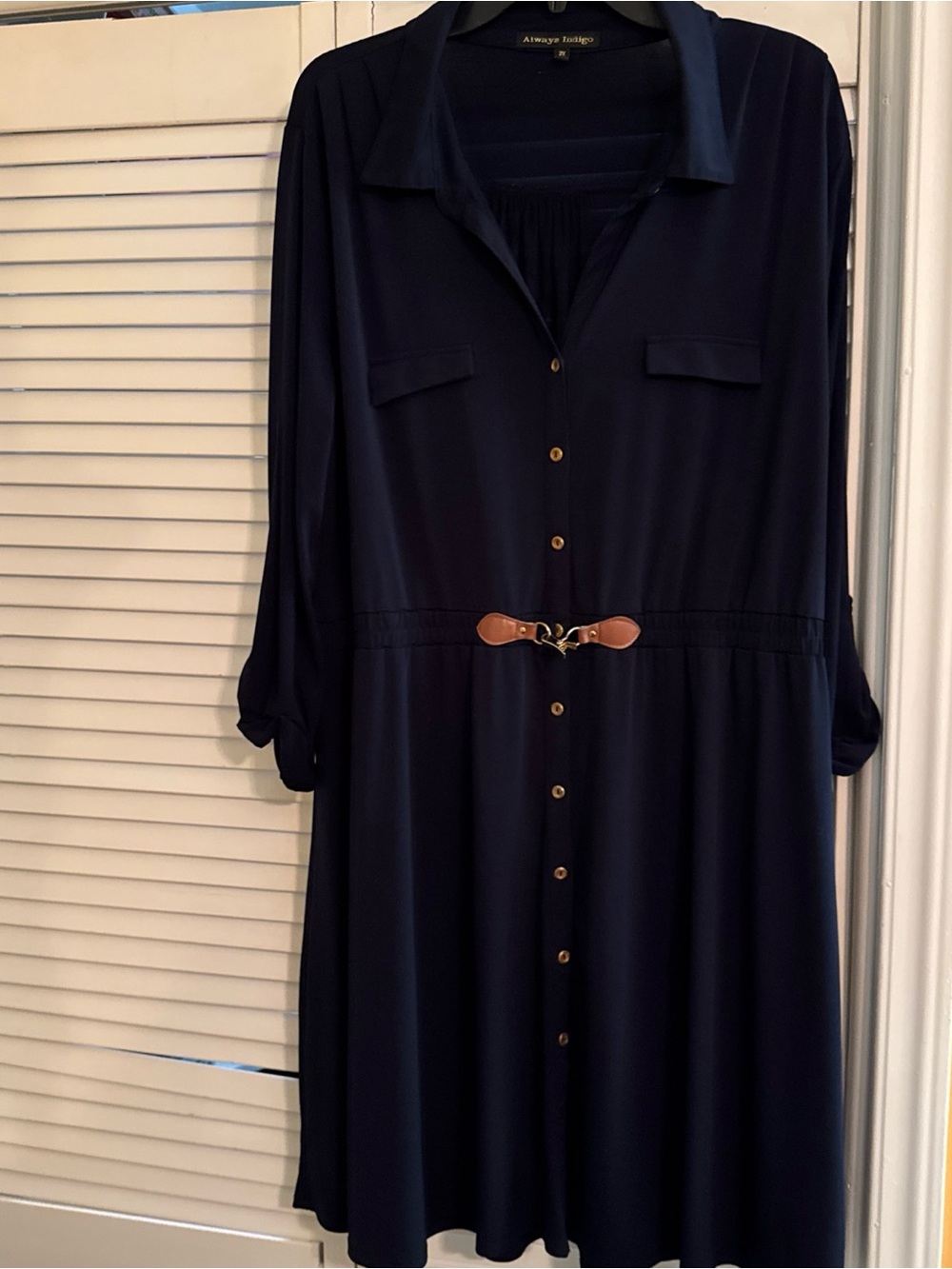 Always Indigo Navy Long-Sleeve Shirt Dress with Brown Accent Belt